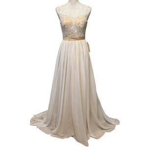 LanTing Lace Chiffon Bridal Gown Wedding Dress White with Champagne Lining NWT 6